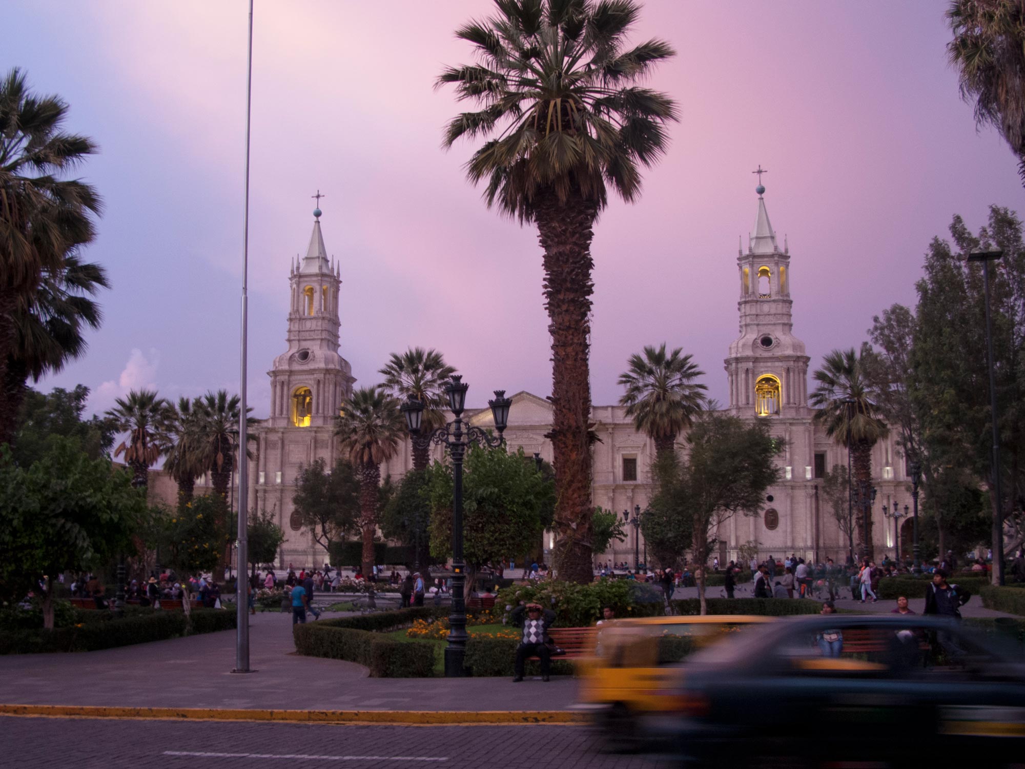 Peru Arequipa cathedral sunset pink